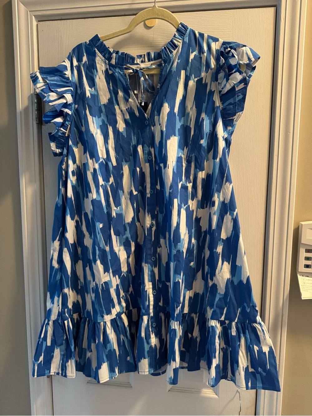 Blue & White Brushstroke Ruffle Hem Button-Front Casual Dress